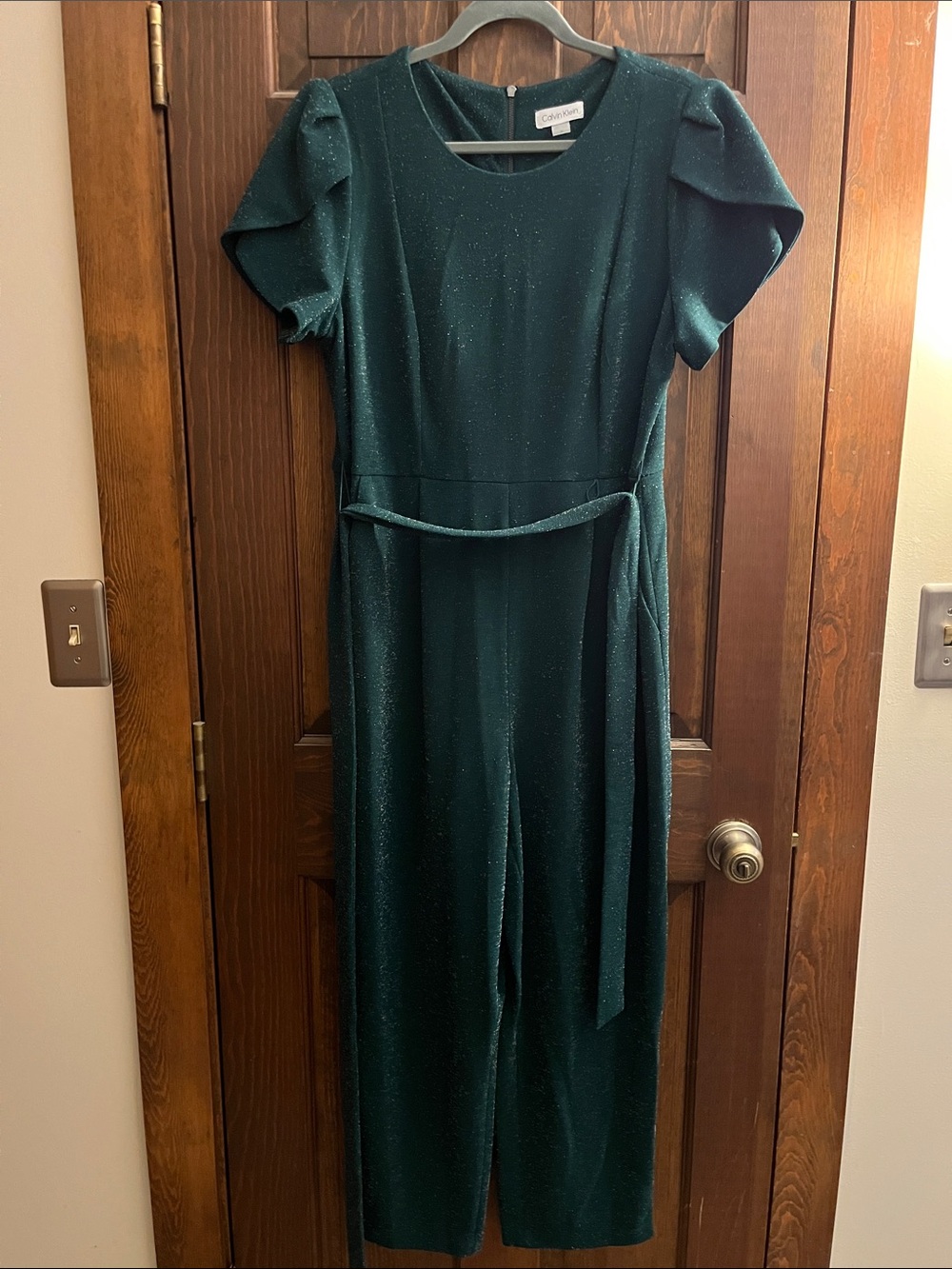 Calvin Klein Emerald Green Sparkle Midi Jumpsuit with Tulip/Puff Sleeves